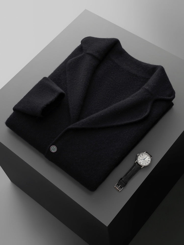 Men's Cashmere Lapel Casual Suit, Thickened Knitted Cardigan, Autumn and Winter New Style, High-Waisted Drawstring Warm Pants, Trendy