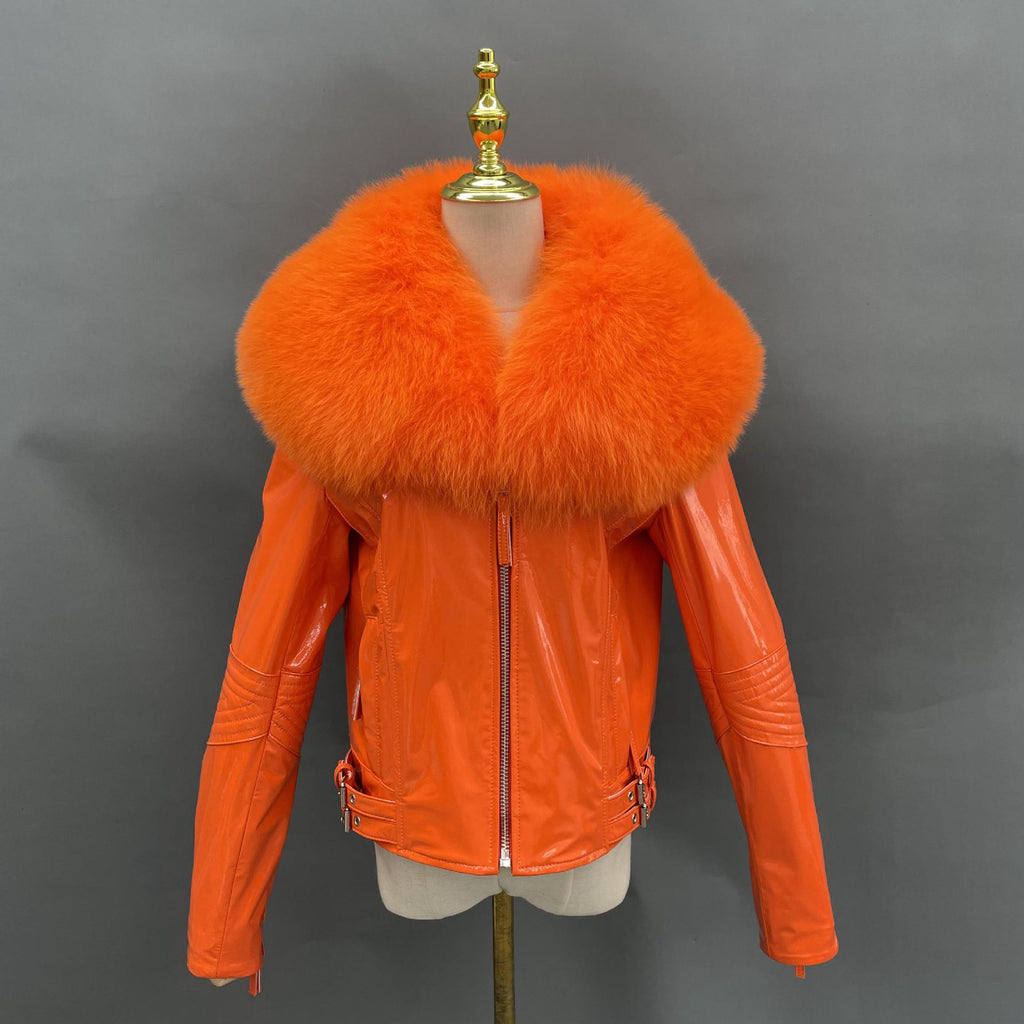 22 new cross-border exclusive real sheepskin bright leather fox fur collar motorcycle jacket fur jacket factory direct sales