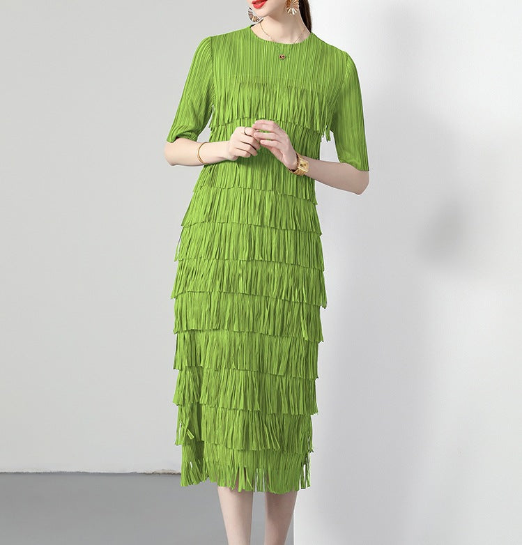2026 New Style Solid Color High-End Tassel Patchwork Cake Dress for Women, Summer Long Pleated Elegant Age-Reducing Short-Sleeve Dress