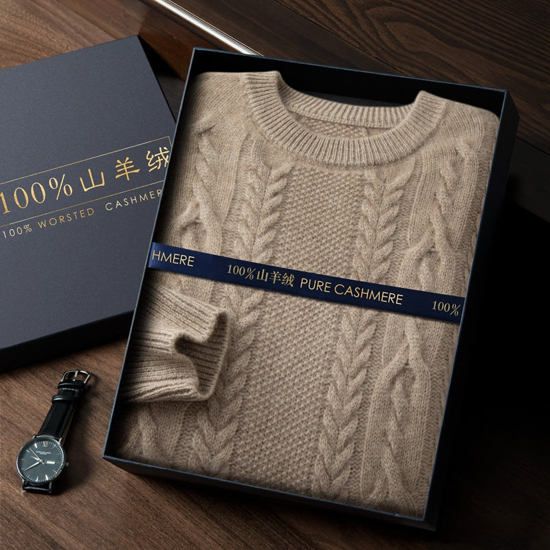 Cashmere Sweater Men's Round Neck 100 Pure Cashmere Autumn and Winter New Five-Needle Three-Strand Thickened Large Twist Knitted Sweater