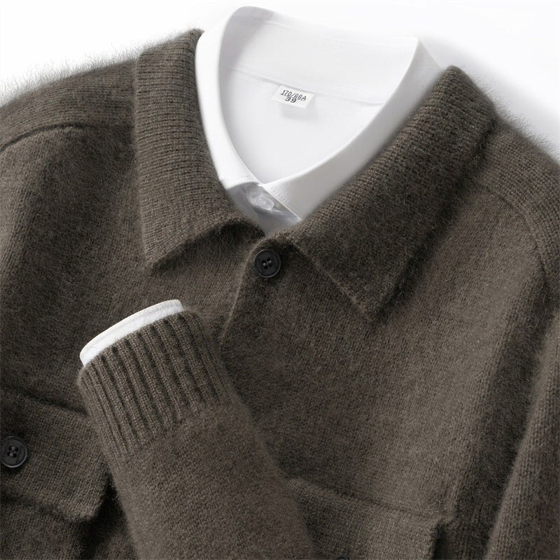 100% Pure Cashmere Cardigan Autumn and Winter Men's Lapel Bottoming Shirt Middle-Aged Business Casual Single-Breasted Jacket Ready for Sale
