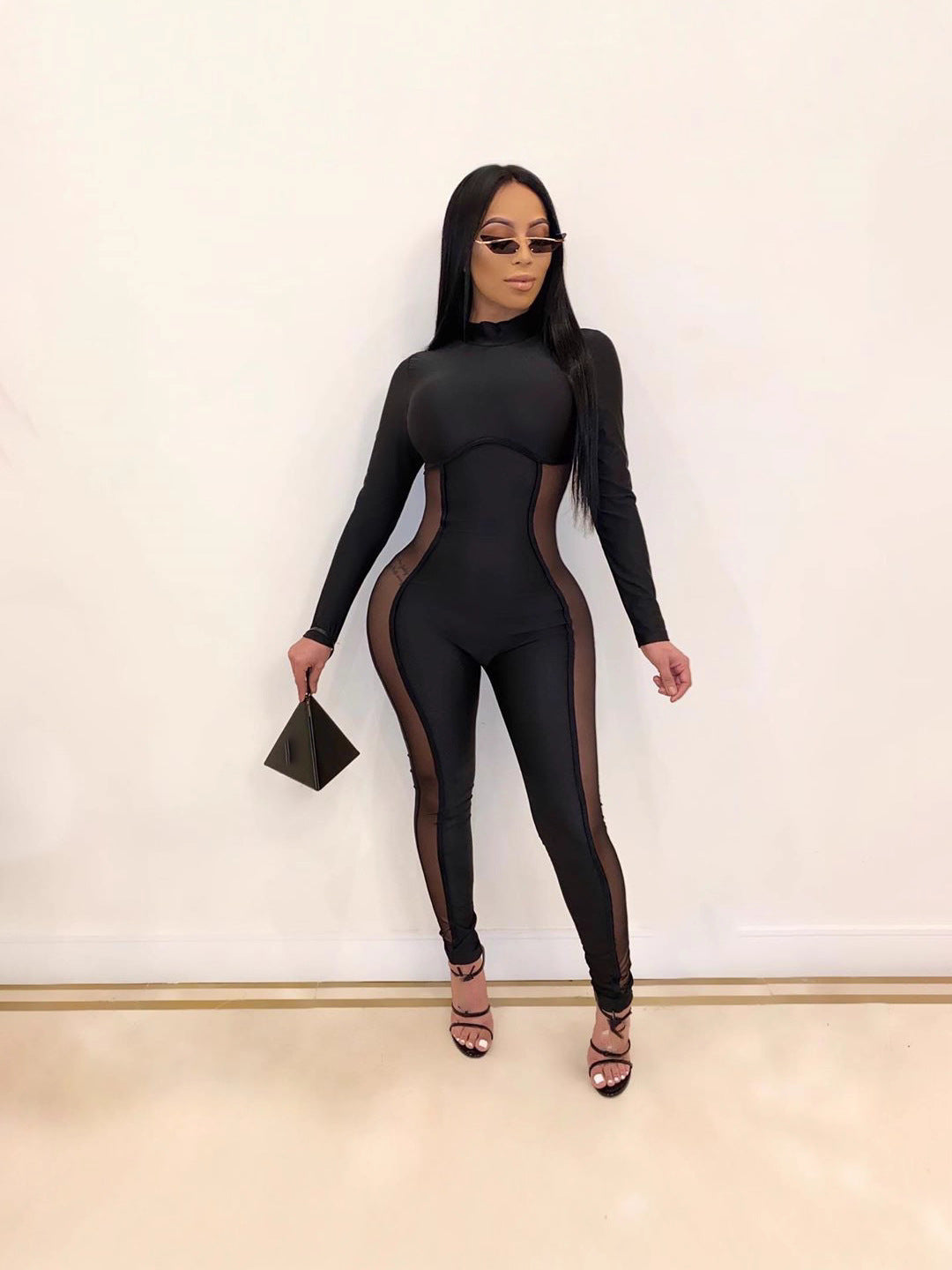 5593 Cross-Border Women's Autumn and Winter New Fashion Sexy Tight Mesh Splicing Long-Sleeved Pants Jumpsuit