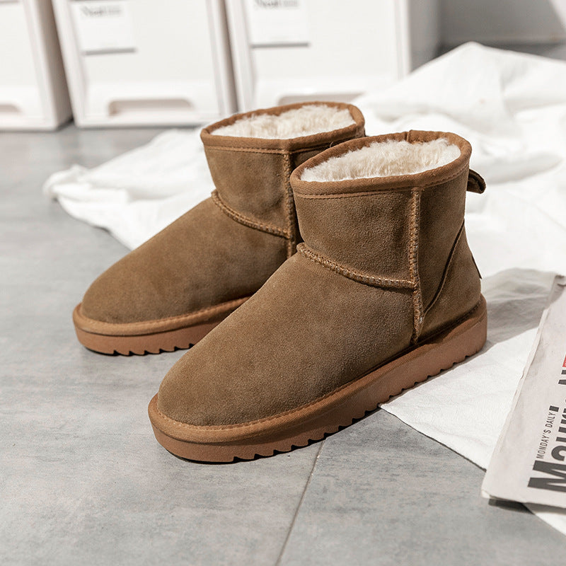 Winter New Women's Snow Boots Cowhide Faux Fur Non-Slip Thickened Cotton Boots Northeast Warm Women's Mid-Calf Snow Shoes