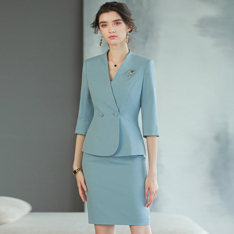 Spring and autumn three-quarter sleeve blue V-neck fashionable elegant women's business wear suit Beauty Salon reception work clothes formal wear
