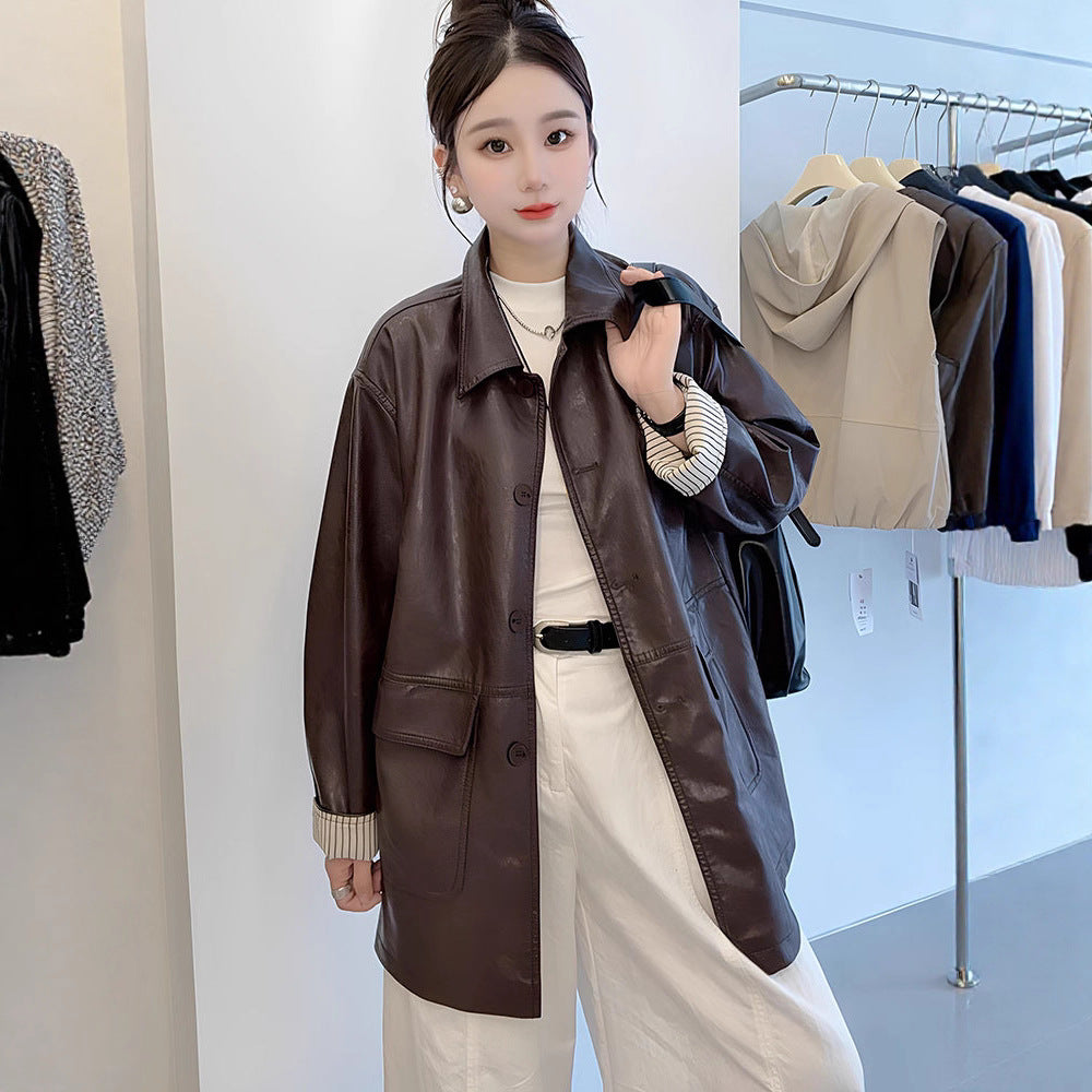 2026 Spring New Korean Style Retro Spliced Striped Cuff Design Mid-Length Leather Jacket for Women