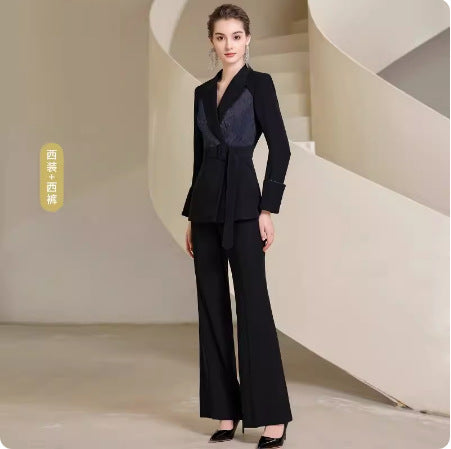 Spring and Autumn Fashion High-end Sense Satin Stitching Black Business Dress Elegant Goddess Fan Micro-pants Suit suit OL