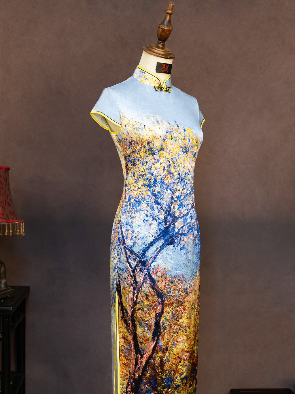 Hand-Painted Original Silk Cheongsam by Yan Yan, Custom-Made with the Tree of Life Design, Elegant Evening Cheongsam