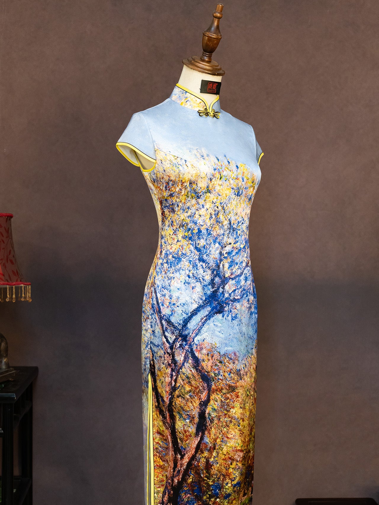 Hand-Painted Original Silk Cheongsam by Yan Yan, Custom-Made with the Tree of Life Design, Elegant Evening Cheongsam