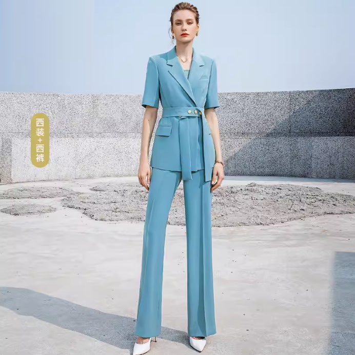 Summer Short-sleeved High-end Fashion Suit suit Temperament Female President Double-breasted Suit Pants Professional Business Dress