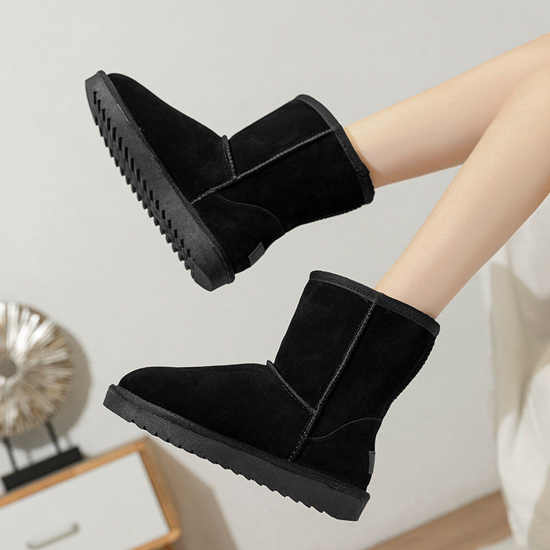 Winter New Women's Snow Boots Cowhide Faux Fur Non-Slip Thickened Cotton Boots Northeast Warm Women's Mid-Calf Snow Shoes