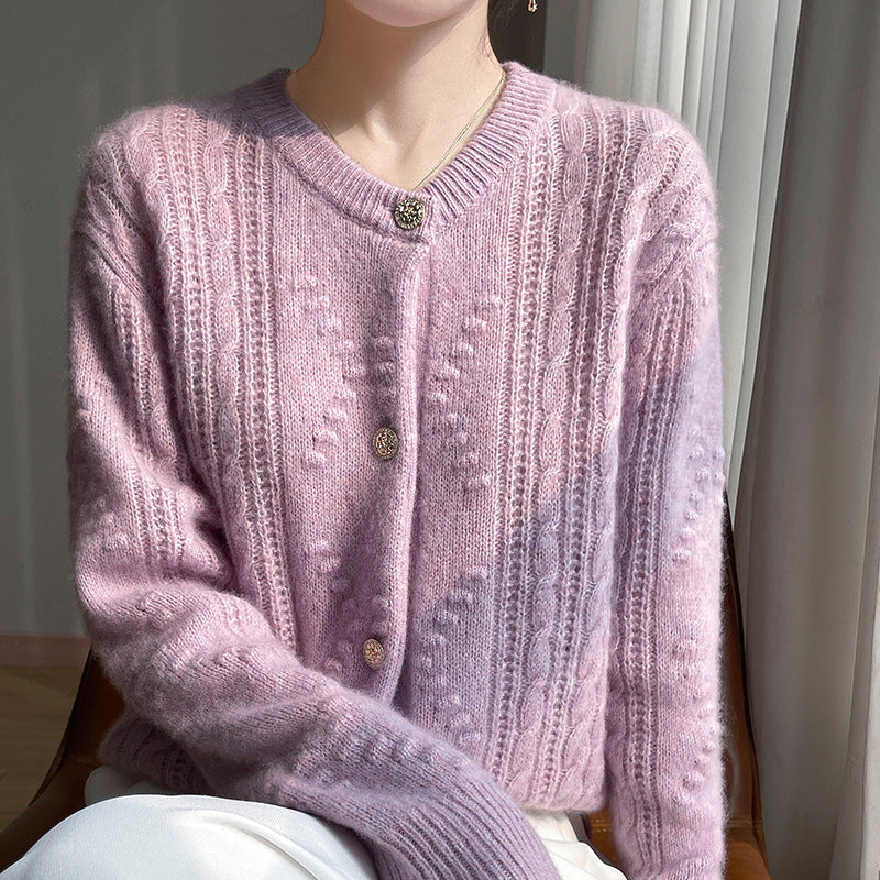 Silk Cashmere Series 25 Years Early Spring New Style 75% Cashmere 25% Mulberry Silk Drum Wave Round Neck Cardigan Jacket for Women