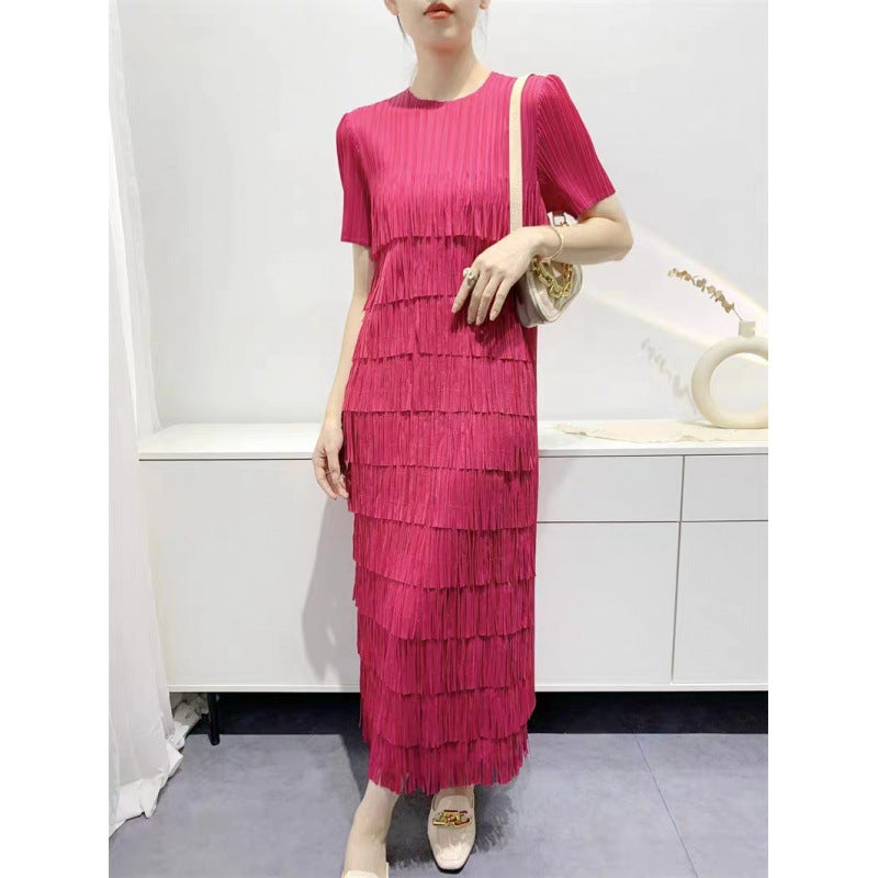 2026 New Style Solid Color High-End Tassel Patchwork Cake Dress for Women, Summer Long Pleated Elegant Age-Reducing Short-Sleeve Dress