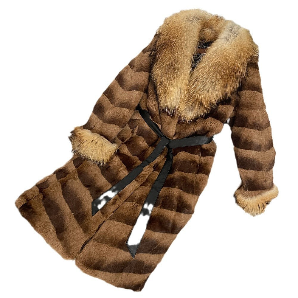 Winter 2025 New Style Raccoon Fur Collar Rabbit Fur All-In-One Fashionable Long Fur Slimming Look Style Outwear Jacket