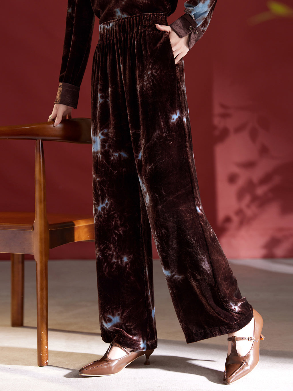 Velvet Wide-Leg Pants for Women Autum 2025 New Tie-Dye Slim Mulberry Silk Straight Pants High Waist Design 1809