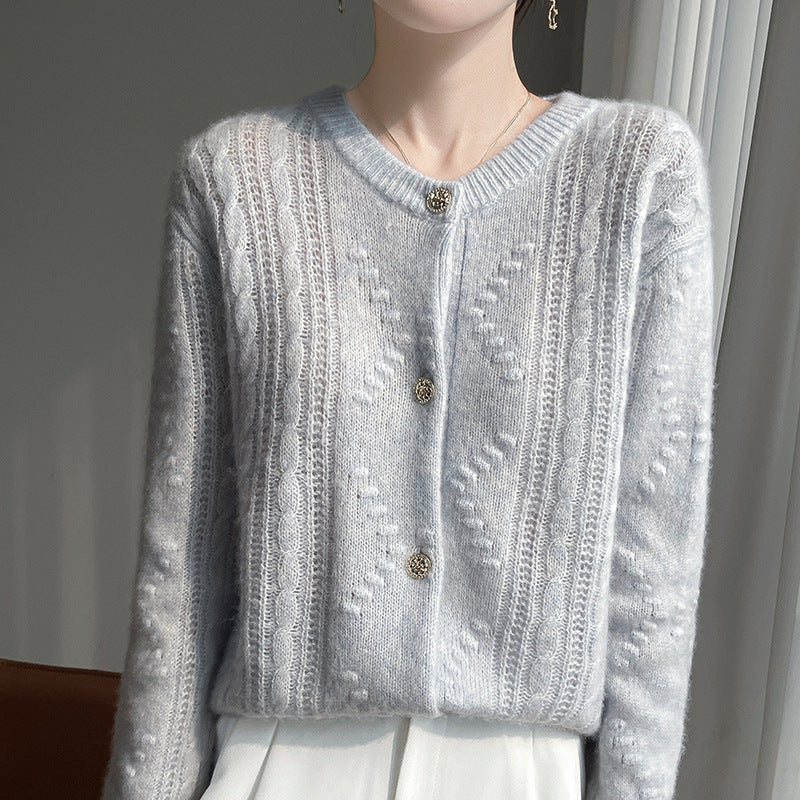 Silk Cashmere Series 25 Years Early Spring New Style 75% Cashmere 25% Mulberry Silk Drum Wave Round Neck Cardigan Jacket for Women