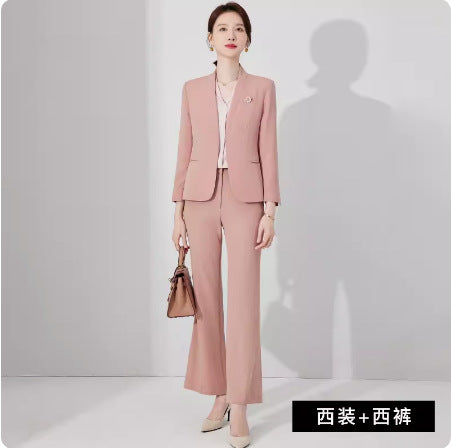 Spring and Autumn New Pink Elegant Goddess Fan Professional Suit Fashion Collarless Broadcasting Host Dress Dress