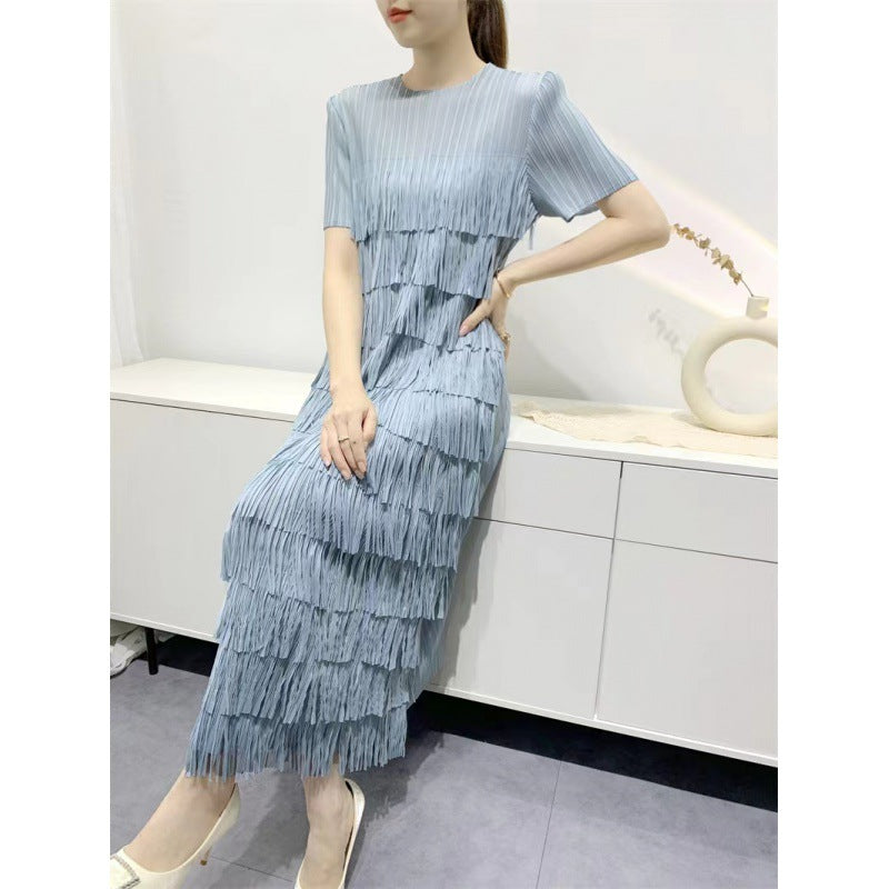 2026 New Style Solid Color High-End Tassel Patchwork Cake Dress for Women, Summer Long Pleated Elegant Age-Reducing Short-Sleeve Dress