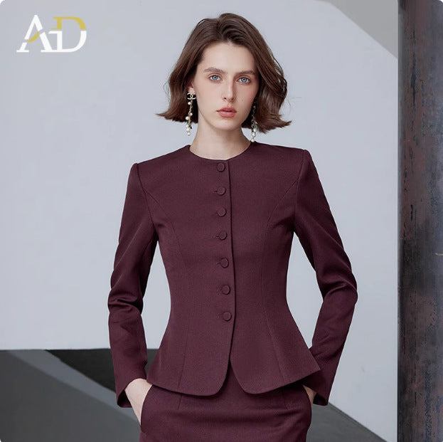 AD Ancora Red Suit Jacket Female Temperament Socialite High Sense Slim-fit Crewneck suit Workplace Commuter Two-piece Set