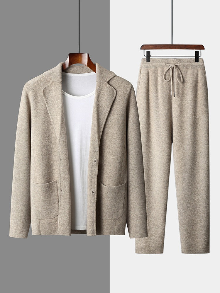 Men's Cashmere Lapel Casual Suit, Thickened Knitted Cardigan, Autumn and Winter New Style, High-Waisted Drawstring Warm Pants, Trendy