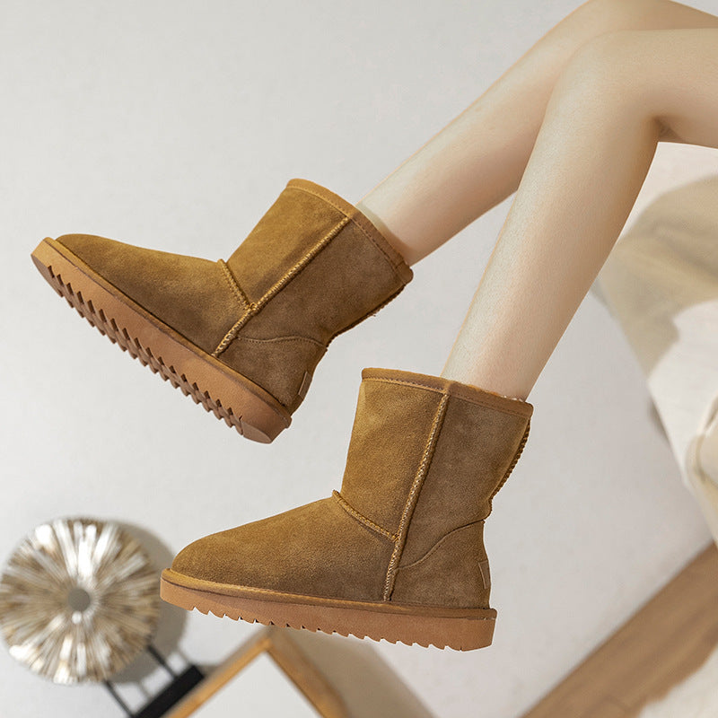 Winter New Women's Snow Boots Cowhide Faux Fur Non-Slip Thickened Cotton Boots Northeast Warm Women's Mid-Calf Snow Shoes