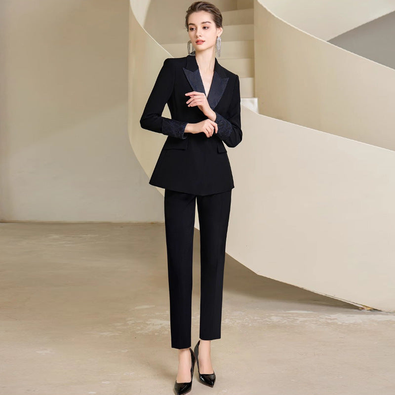 Spring and Autumn Fashion High-end Sense Satin Stitching Black Business Dress Elegant Goddess Fan Micro-pants Suit suit OL