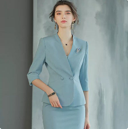 Spring and autumn three-quarter sleeve blue V-neck fashionable elegant women's business wear suit Beauty Salon reception work clothes formal wear