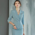 Spring and autumn three-quarter sleeve blue V-neck fashionable elegant women's business wear suit Beauty Salon reception work clothes formal wear