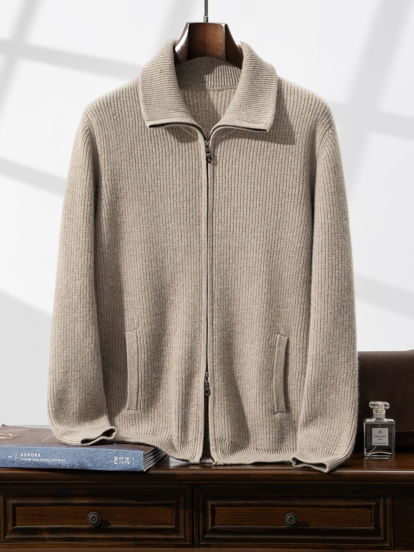 New Style Half-High Collar Long-Sleeve Zip-Up Autumn and Winter Pure Cashmere Ribbed Knit Cardigan Men's Jacket