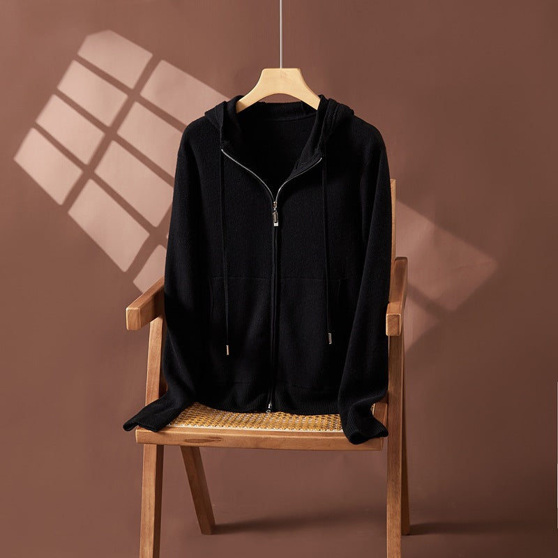 Cross-border Explosions Solid Color Double Zipper Hooded Knitted Cardigan Women's Cashmere Outer Top Solid Color Simple Wool Outer Shirt