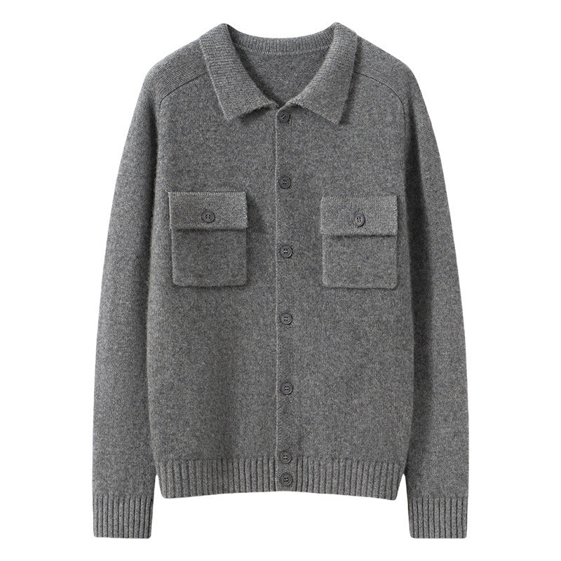 100% Pure Cashmere Cardigan Autumn and Winter Men's Lapel Bottoming Shirt Middle-Aged Business Casual Single-Breasted Jacket Ready for Sale