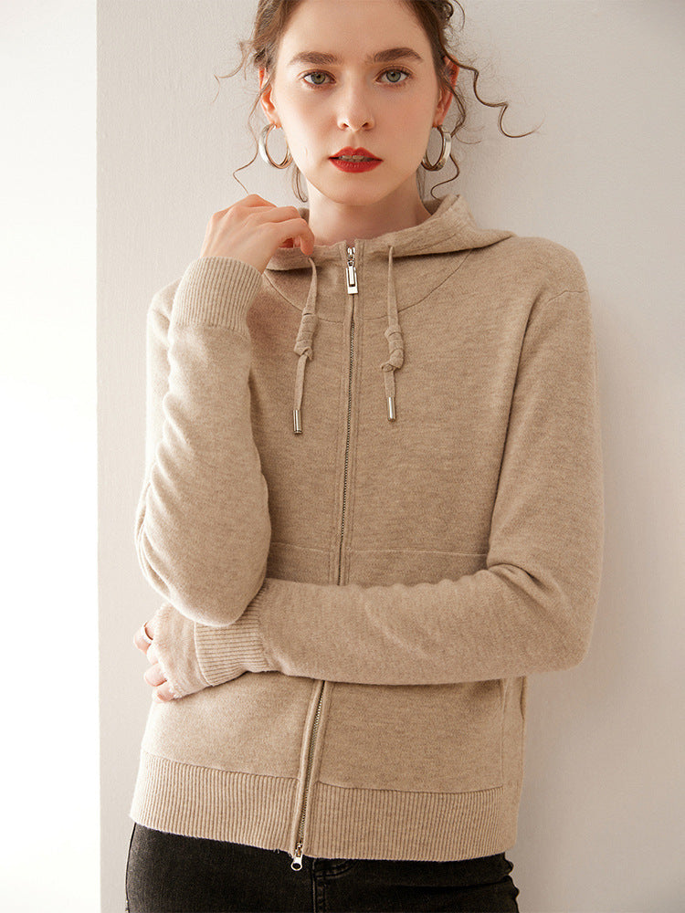 Cross-border Explosions Solid Color Double Zipper Hooded Knitted Cardigan Women's Cashmere Outer Top Solid Color Simple Wool Outer Shirt