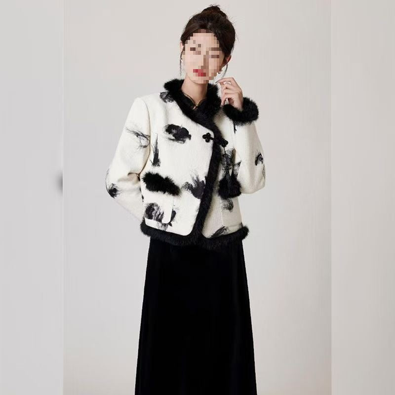 Elegant Fashion Women's Winter Short Wool Coat All-match Western Style Overskirt Retro New Chinese Style suit