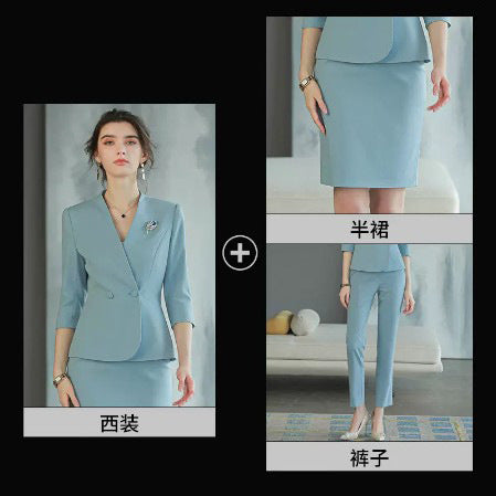 Spring and autumn three-quarter sleeve blue V-neck fashionable elegant women's business wear suit Beauty Salon reception work clothes formal wear