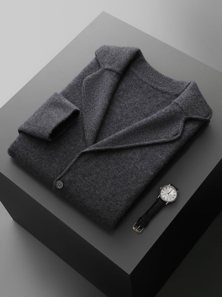 Men's Cashmere Lapel Casual Suit, Thickened Knitted Cardigan, Autumn and Winter New Style, High-Waisted Drawstring Warm Pants, Trendy