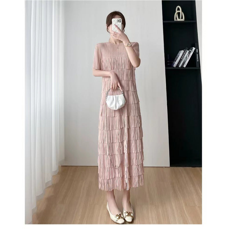 2026 New Style Solid Color High-End Tassel Patchwork Cake Dress for Women, Summer Long Pleated Elegant Age-Reducing Short-Sleeve Dress
