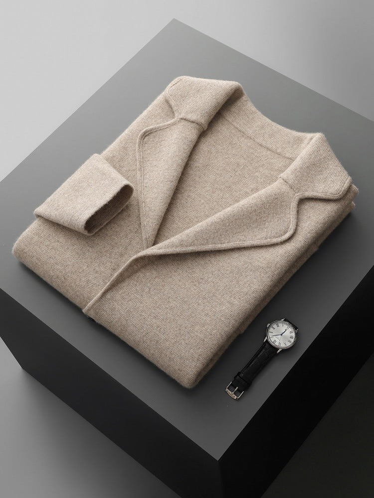 Men's Cashmere Lapel Casual Suit, Thickened Knitted Cardigan, Autumn and Winter New Style, High-Waisted Drawstring Warm Pants, Trendy