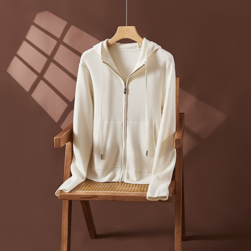 Cross-border Explosions Solid Color Double Zipper Hooded Knitted Cardigan Women's Cashmere Outer Top Solid Color Simple Wool Outer Shirt