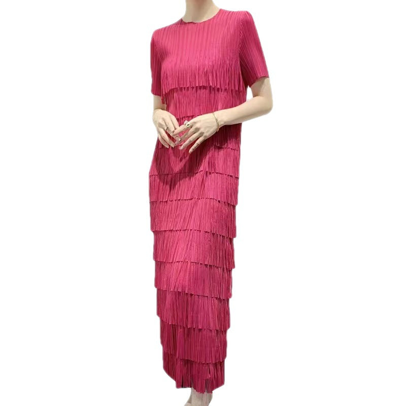 2026 New Style Solid Color High-End Tassel Patchwork Cake Dress for Women, Summer Long Pleated Elegant Age-Reducing Short-Sleeve Dress