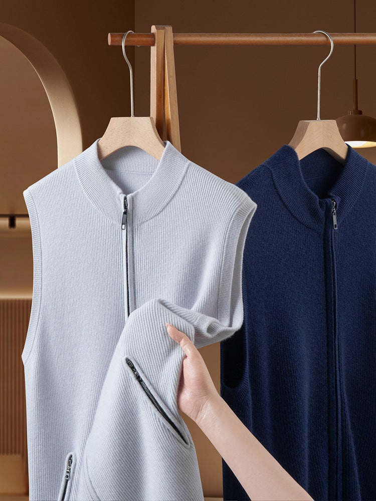 100 Pure Cashmere Sweater Vest for Men Thick Zipper Vest with Pocket Urban Commuter Knitted Vest for Men