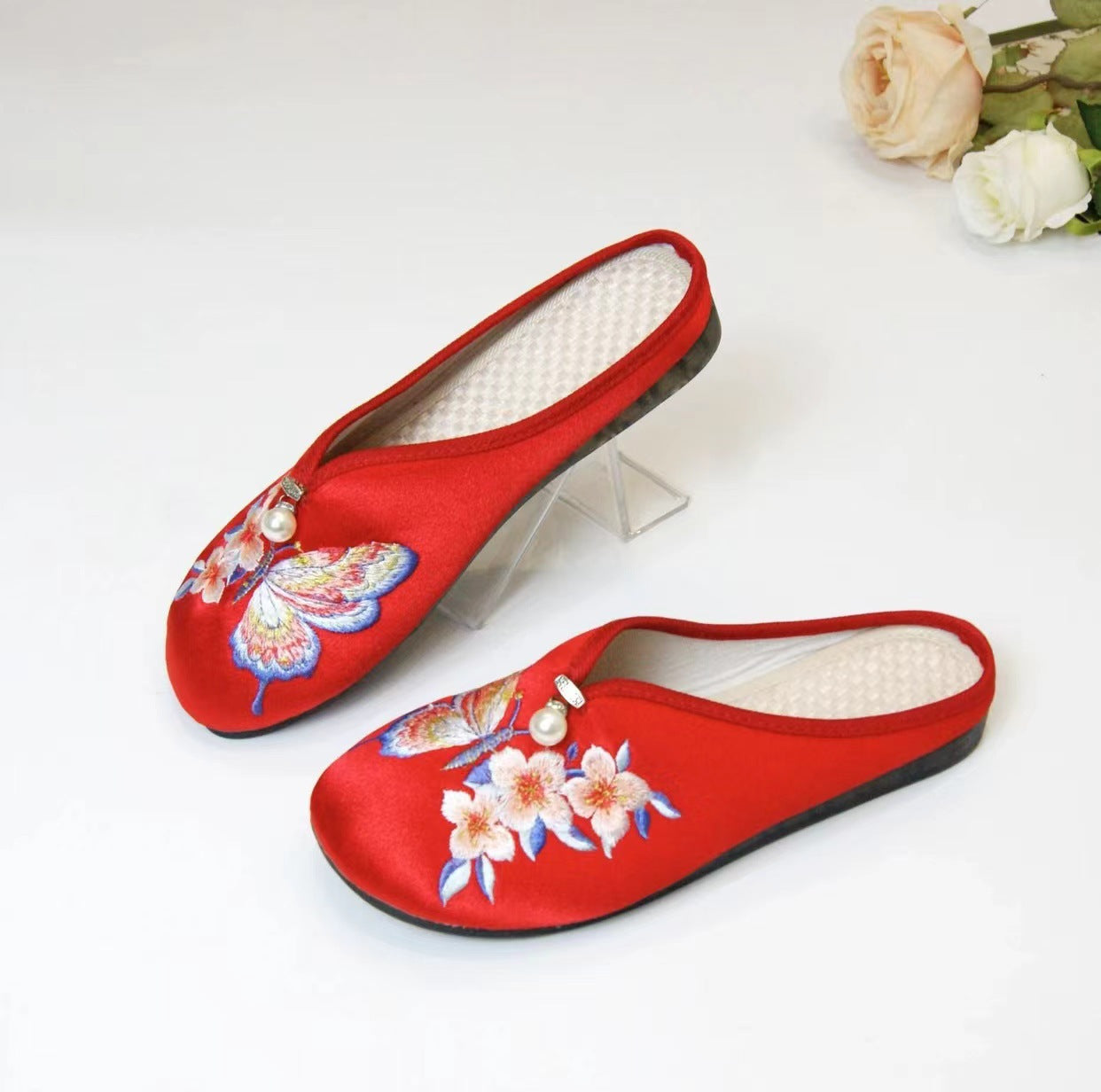 Butterfly Slippers Flat Bottom Baotou Half Drag National Style Home Atmospheric Ethnic Style Embroidered Cloth Shoes Soft Bottom 317-50D