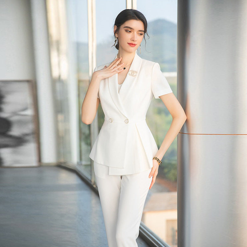 OL Design Sense Suit Female Niche Irregular Work Clothes Slim-fit Slimming White Business Suit Summer
