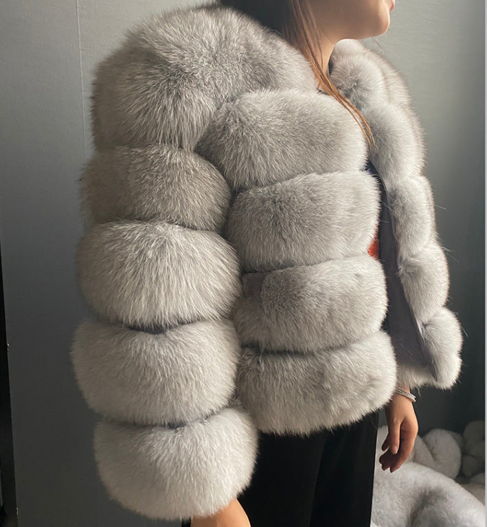 Fashion High-End Young Style Women's Coat, Aliexpress Popular Model, 5-Section Genuine Fox Fur Coat with Fur Integrated