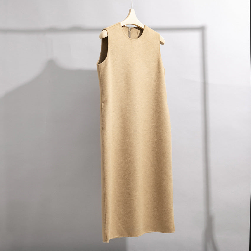 78 Cashmere Dress for Women, Long Double-Sided Handmade Sleeveless Vest Dress, Winter Style, Elegant and Loose Fit for Work