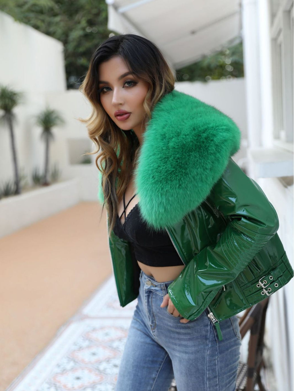 22 new cross-border exclusive real sheepskin bright leather fox fur collar motorcycle jacket fur jacket factory direct sales
