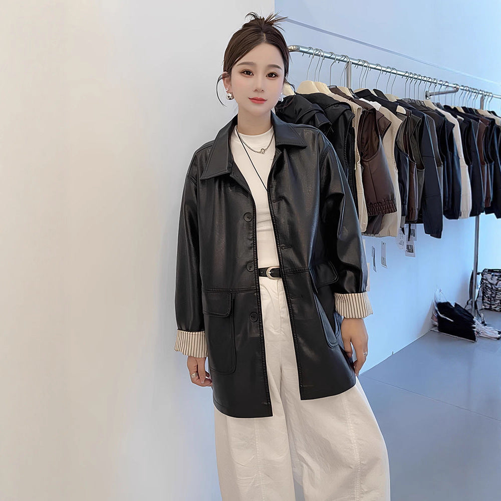 2026 Spring New Korean Style Retro Spliced Striped Cuff Design Mid-Length Leather Jacket for Women