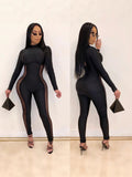 5593 Cross-Border Women's Autumn and Winter New Fashion Sexy Tight Mesh Splicing Long-Sleeved Pants Jumpsuit