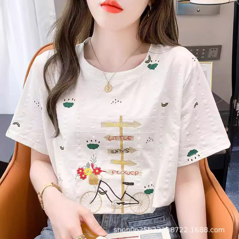 [Clearance of Discontinued Sizes] Short-Sleeve T-Shirt for Women, New Summer Fashion, Versatile Loose Fit, Plus Size, Embroidered Design, Stylish