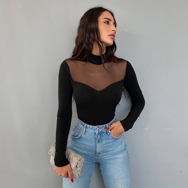 2023 European and American women's autumn new solid color mesh stitching long sleeve versatile bottoming slim top