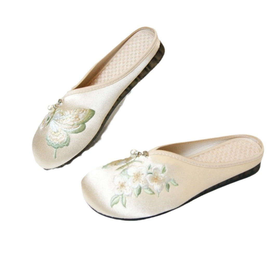 Butterfly Slippers Flat Bottom Baotou Half Drag National Style Home Atmospheric Ethnic Style Embroidered Cloth Shoes Soft Bottom 317-50D