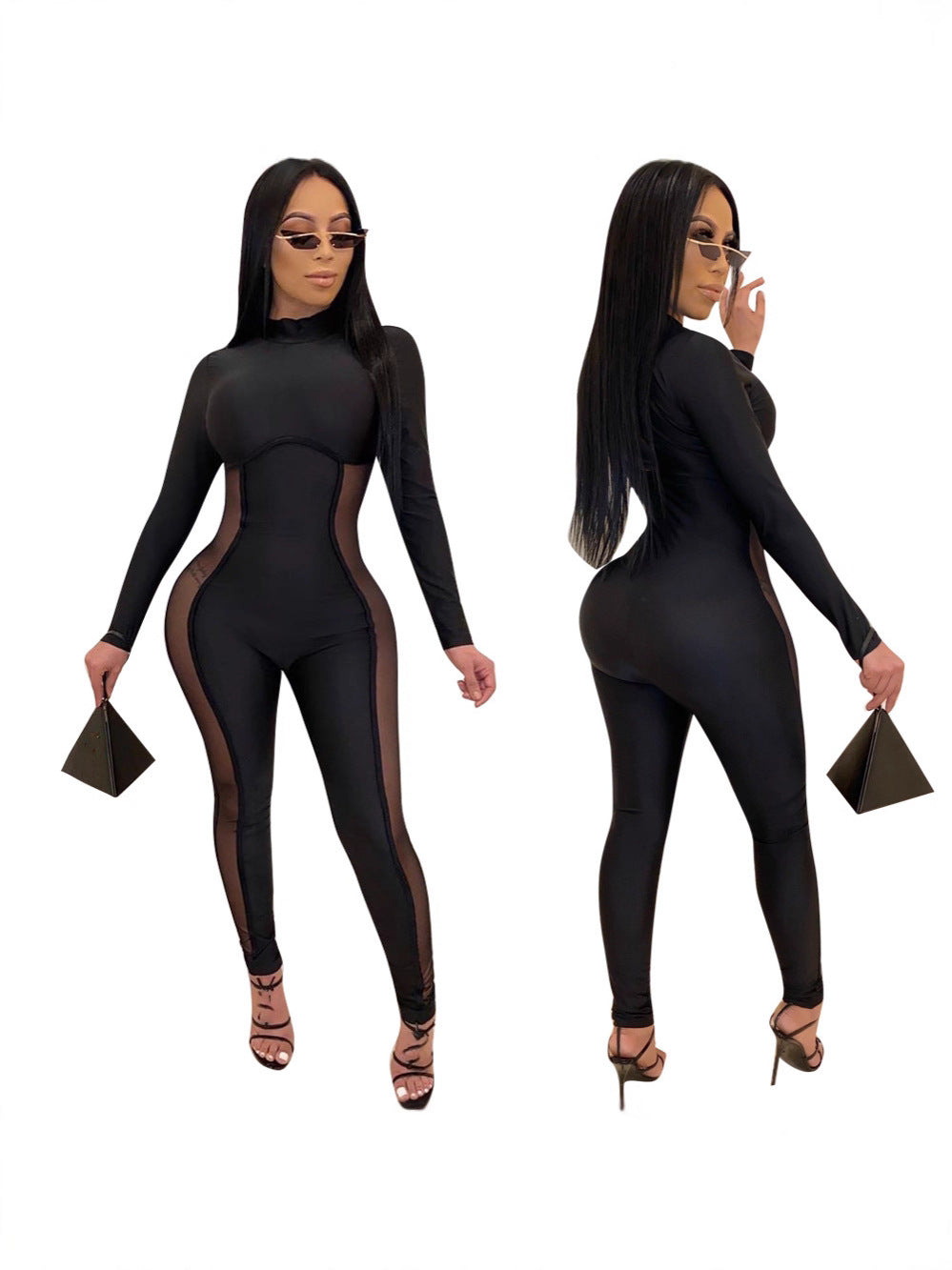 5593 Cross-Border Women's Autumn and Winter New Fashion Sexy Tight Mesh Splicing Long-Sleeved Pants Jumpsuit